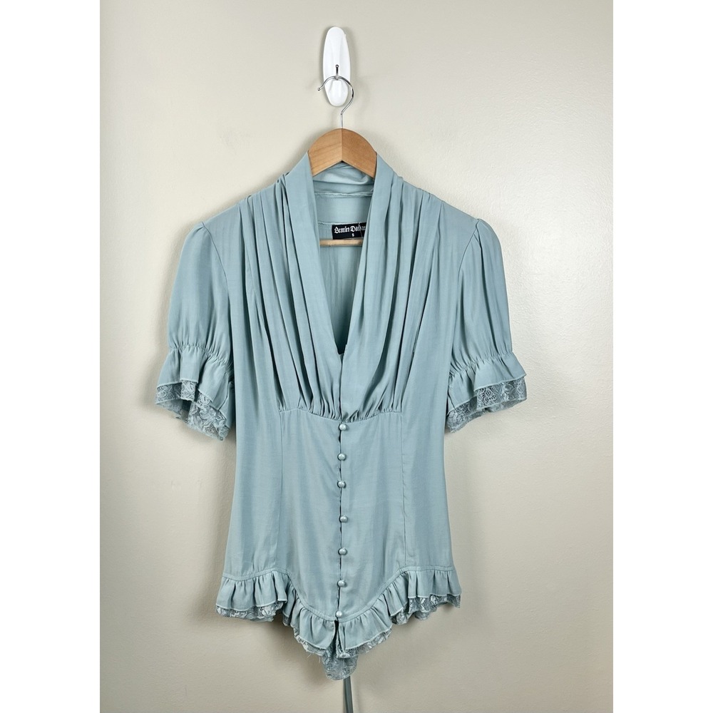 Scarlet Darkness Blouse Victorian Blue Lace Up Short Sleeve Button Pirate Sz S